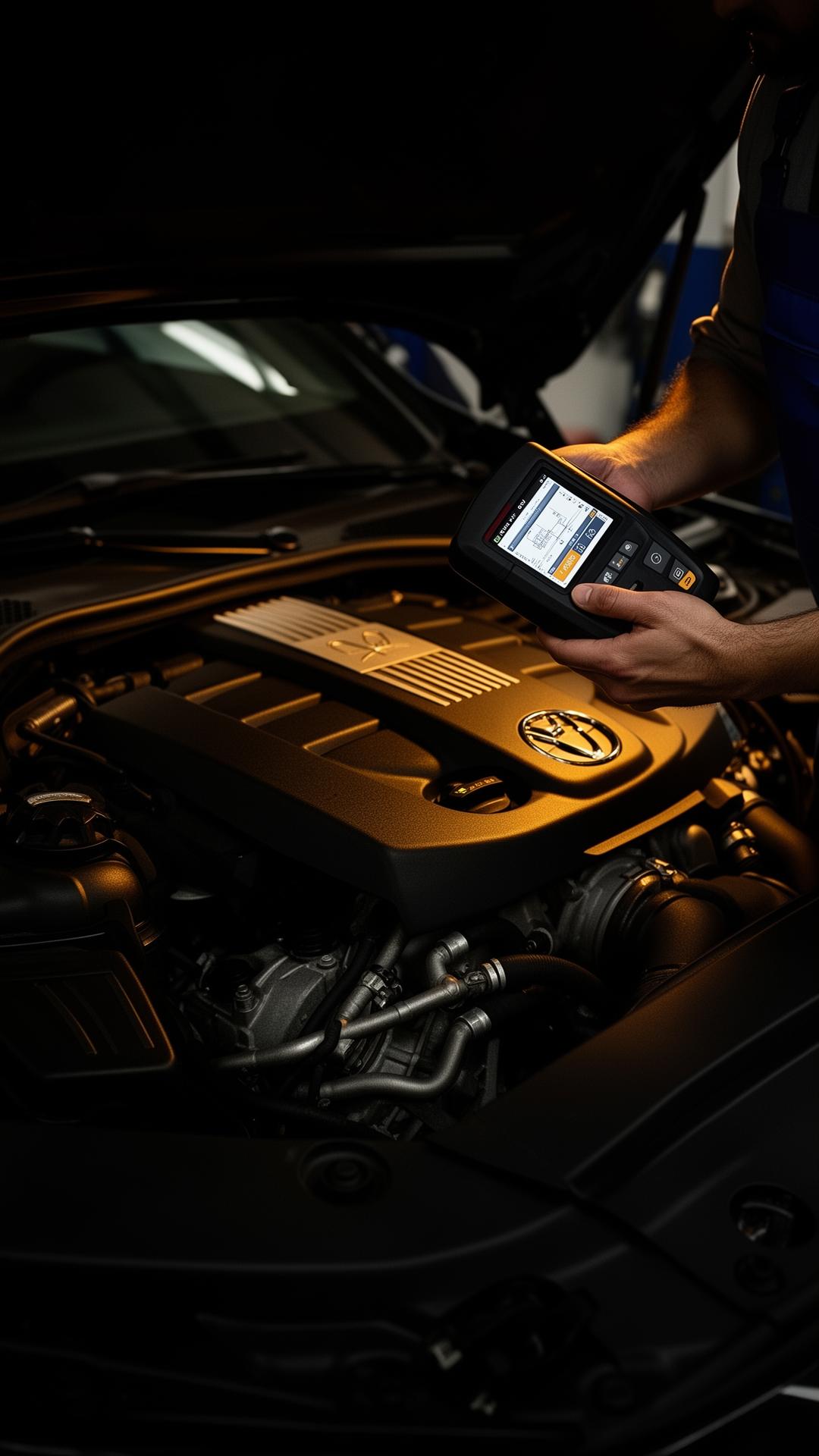 Master technician running engine diagnostics