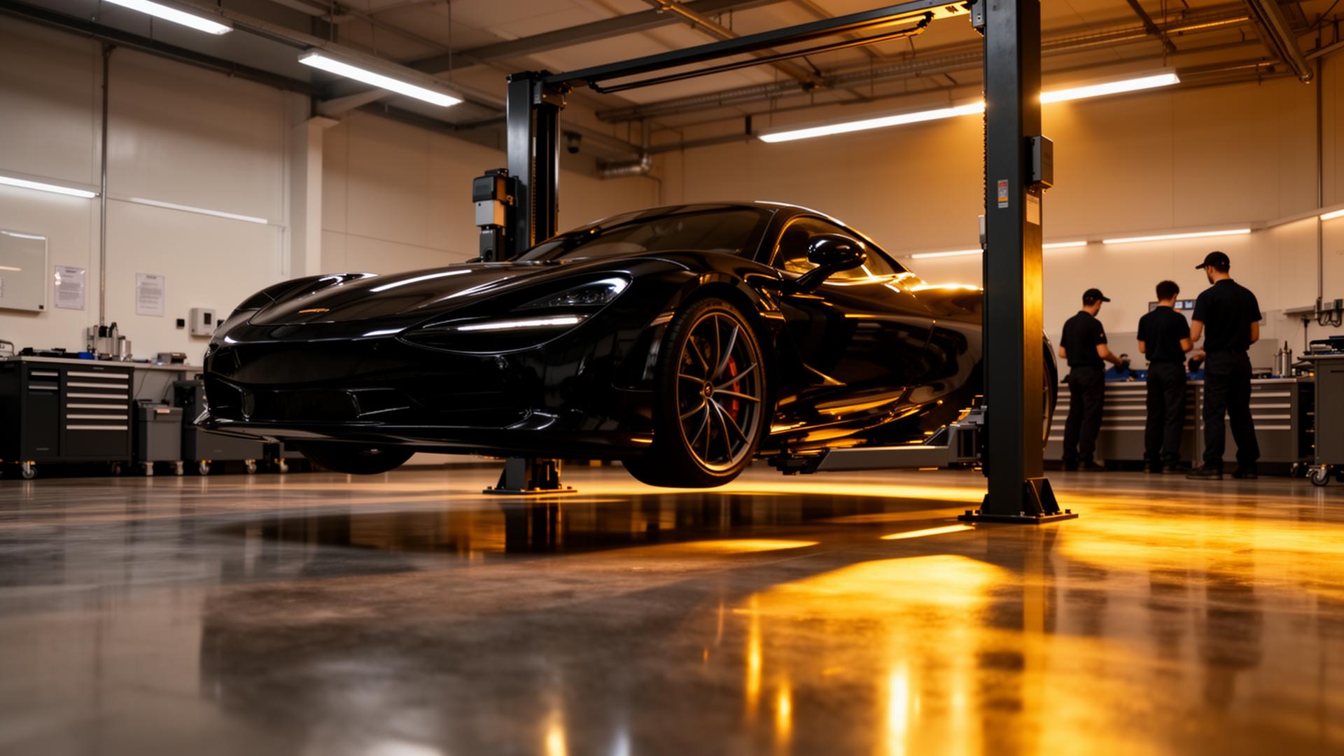 Luxury vehicle on hydraulic lift inside CRS Auto Witbank workshop